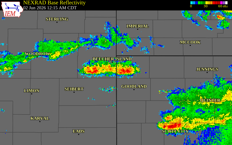 NEXRAD radar during the Monday, June 1, 2026 storm activity in Yuma County, Colorado