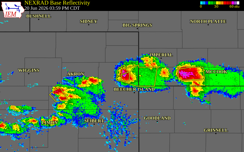 NEXRAD radar during the Saturday, June 20, 2026 storm activity in Yuma County, Colorado