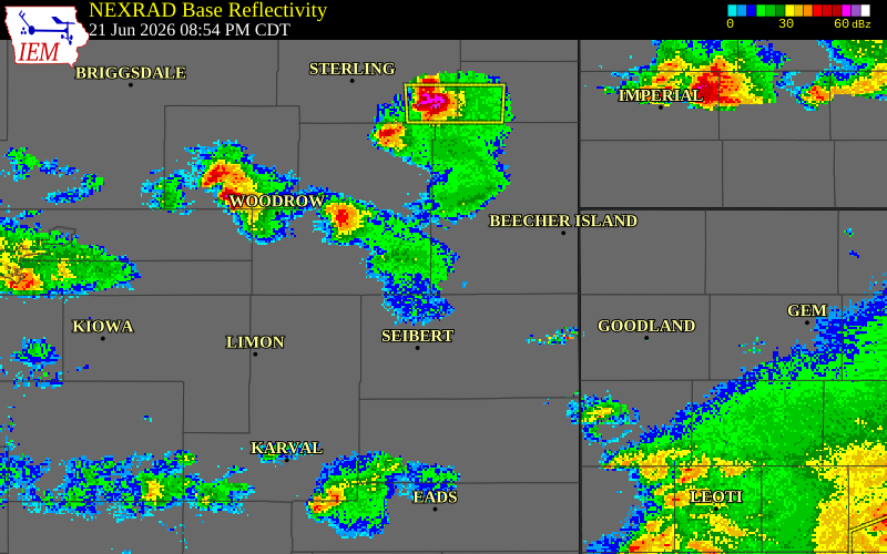 NEXRAD radar during the Sunday, June 21, 2026 storm activity in Yuma County, Colorado