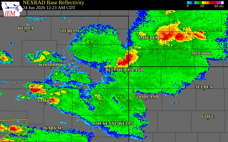 NEXRAD radar during the Tuesday, June 23, 2026 storm activity in Yuma County, Colorado