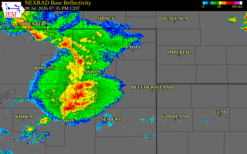 NEXRAD radar during the Wednesday, July 8, 2026 storm activity in Yuma County, Colorado