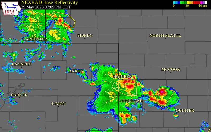 Radar snapshot during the May 29, 2026 tornado event near 10 NW Wauneta, Yuma County, Colorado, with NWS warning polygons