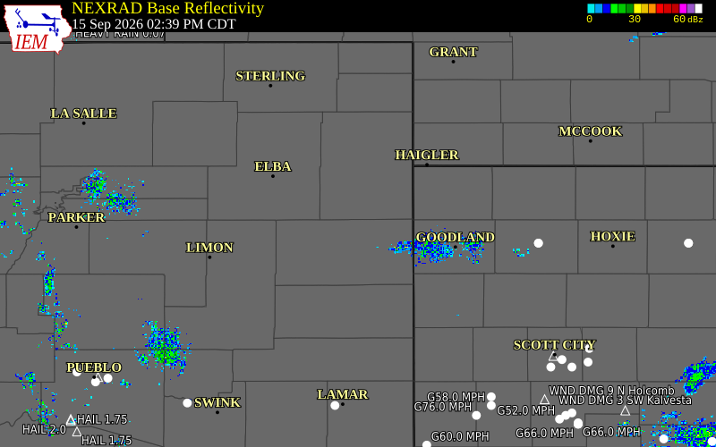 Current NEXRAD radar over Yuma County, Colorado with recent storm report locations