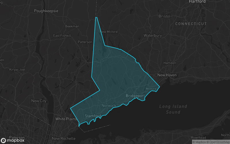 Map of Fairfield County, Connecticut showing the county boundary and surrounding cities