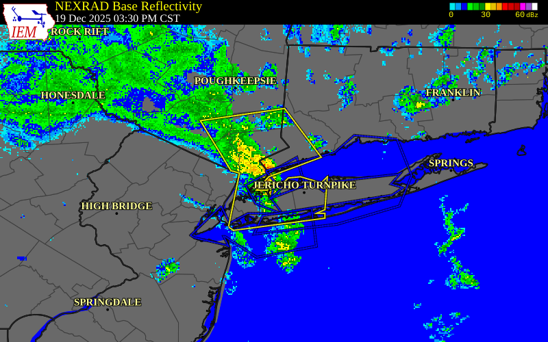 NEXRAD radar during the Friday, December 19, 2025 storm activity in Fairfield County, Connecticut
