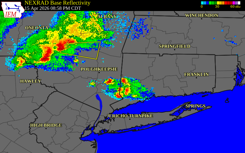 NEXRAD radar during the Wednesday, April 15, 2026 storm activity in Fairfield County, Connecticut