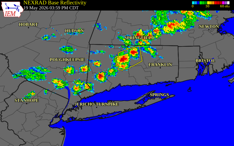 NEXRAD radar during the Tuesday, May 19, 2026 storm activity in Fairfield County, Connecticut