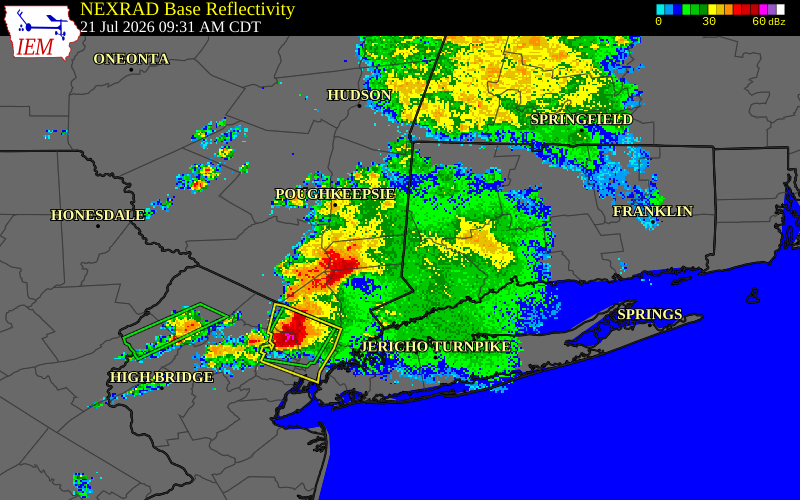 NEXRAD radar during the Tuesday, July 21, 2026 storm activity in Fairfield County, Connecticut