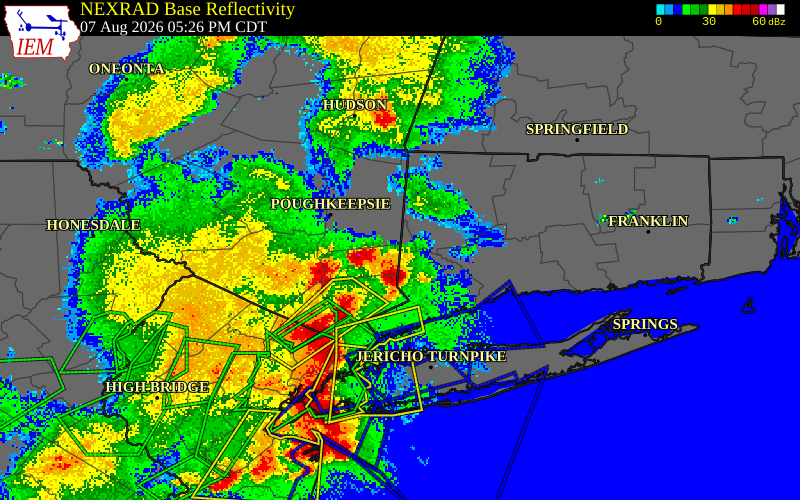 NEXRAD radar during the Friday, August 7, 2026 storm activity in Fairfield County, Connecticut