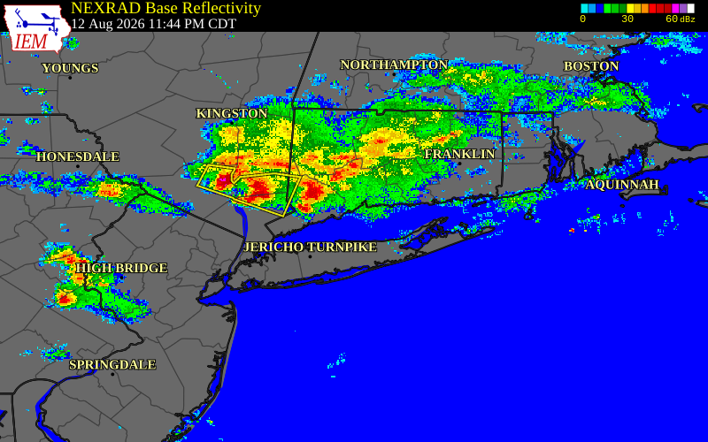 Radar snapshot during the Aug 13, 2026 wind event near Fairfield County, Fairfield County, Connecticut, with NWS warning polygons