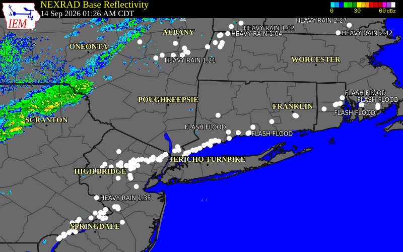 Current NEXRAD radar over Fairfield County, Connecticut with recent storm report locations