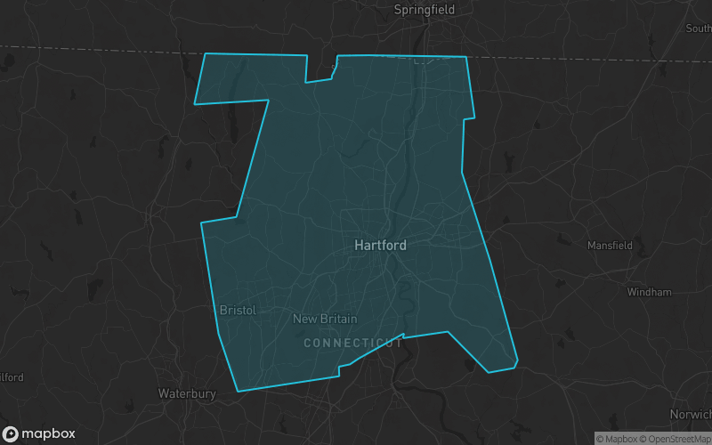Map of Hartford County, Connecticut showing the county boundary and surrounding cities