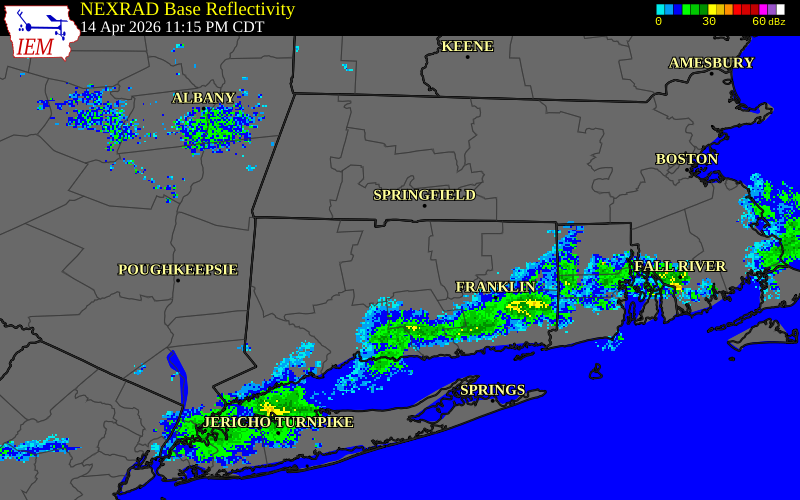 NEXRAD radar during the Wednesday, April 15, 2026 storm activity in Hartford County, Connecticut