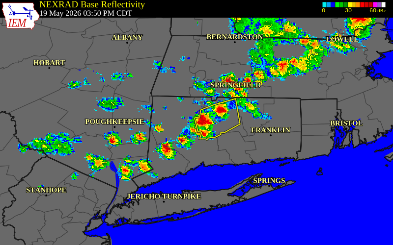 NEXRAD radar during the Tuesday, May 19, 2026 storm activity in Hartford County, Connecticut