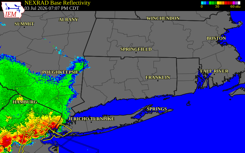 NEXRAD radar during the Friday, July 3, 2026 storm activity in Hartford County, Connecticut