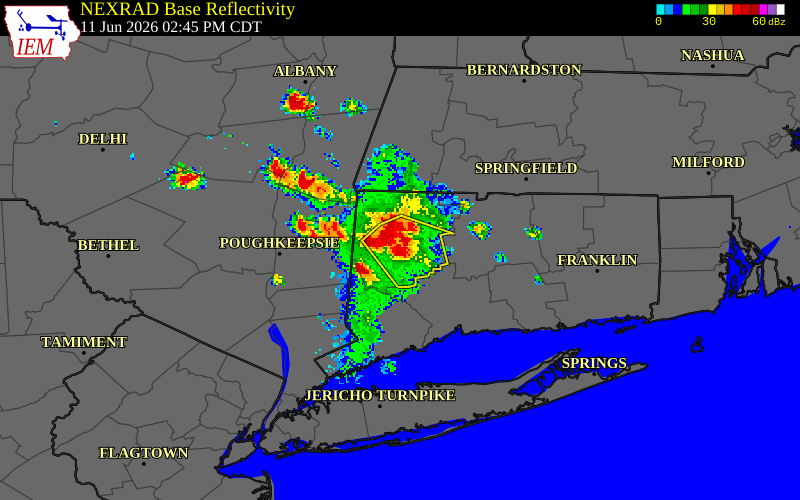 NEXRAD radar during the Thursday, June 11, 2026 storm activity in Litchfield County, Connecticut