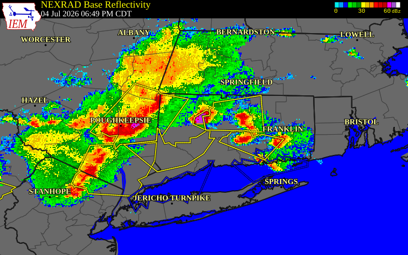 NEXRAD radar during the Saturday, July 4, 2026 storm activity in Litchfield County, Connecticut