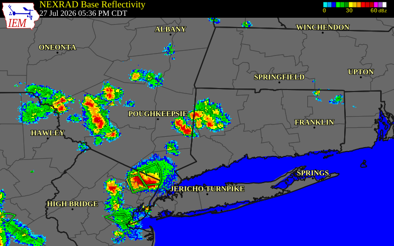 NEXRAD radar during the Monday, July 27, 2026 storm activity in Litchfield County, Connecticut