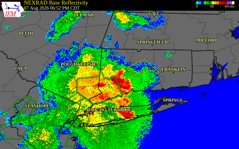 NEXRAD radar during the Friday, August 7, 2026 storm activity in Litchfield County, Connecticut