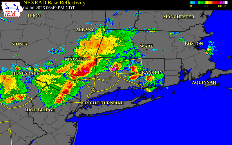 Radar snapshot during the Jul 4, 2026 hail event near Terryville, Litchfield County, Connecticut, with NWS warning polygons