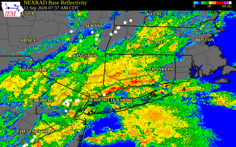 Current NEXRAD radar over Litchfield County, Connecticut with recent storm report locations