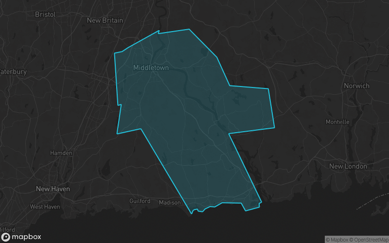 Map of Middlesex County, Connecticut showing the county boundary and surrounding cities