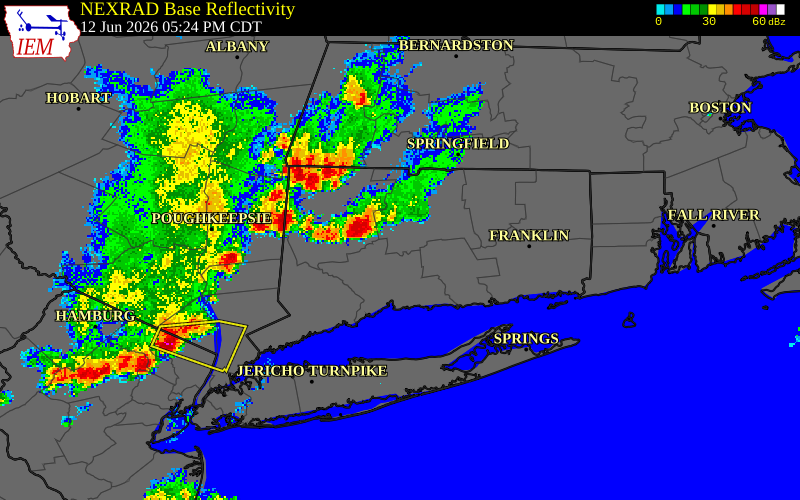 NEXRAD radar during the Friday, June 12, 2026 storm activity in Middlesex County, Connecticut