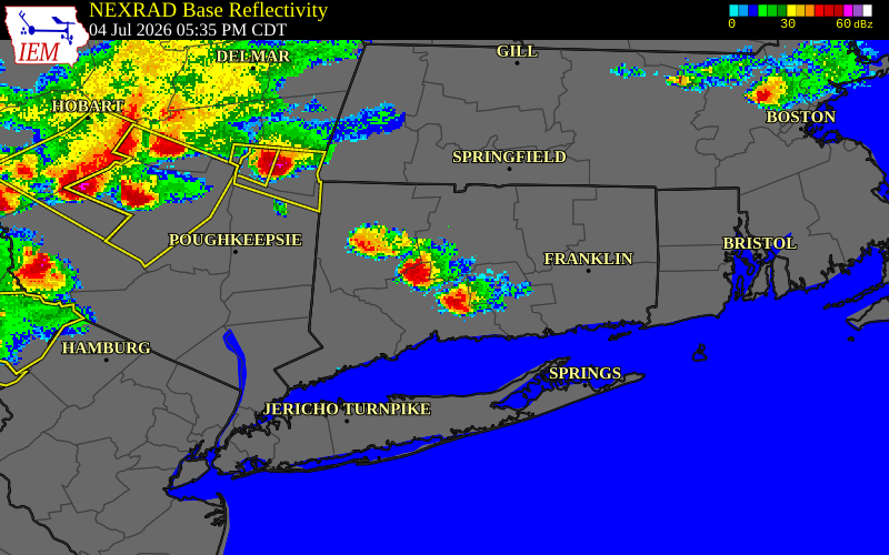 NEXRAD radar during the Saturday, July 4, 2026 storm activity in Middlesex County, Connecticut