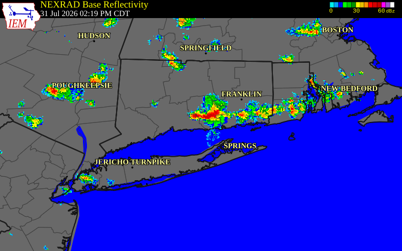 NEXRAD radar during the Friday, July 31, 2026 storm activity in Middlesex County, Connecticut