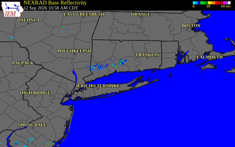 Current NEXRAD radar over Middlesex County, Connecticut with recent storm report locations