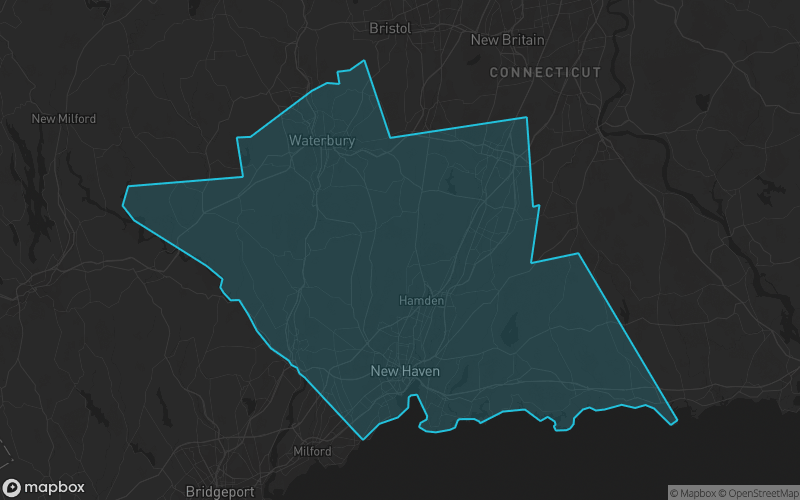 Map of New Haven County, Connecticut showing the county boundary and surrounding cities