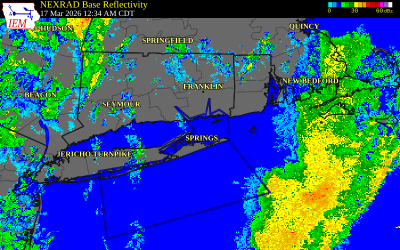 NEXRAD radar during the Tuesday, March 17, 2026 storm activity in New Haven County, Connecticut