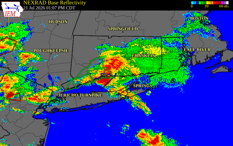 NEXRAD radar during the Tuesday, July 21, 2026 storm activity in New Haven County, Connecticut