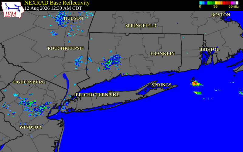 NEXRAD radar during the Wednesday, August 12, 2026 storm activity in New Haven County, Connecticut