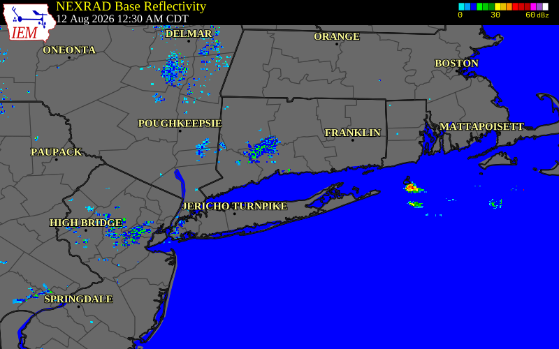 Radar snapshot during the Aug 12, 2026 wind event near 1 SSW New Haven Airport, New Haven County, Connecticut, with NWS warning polygons