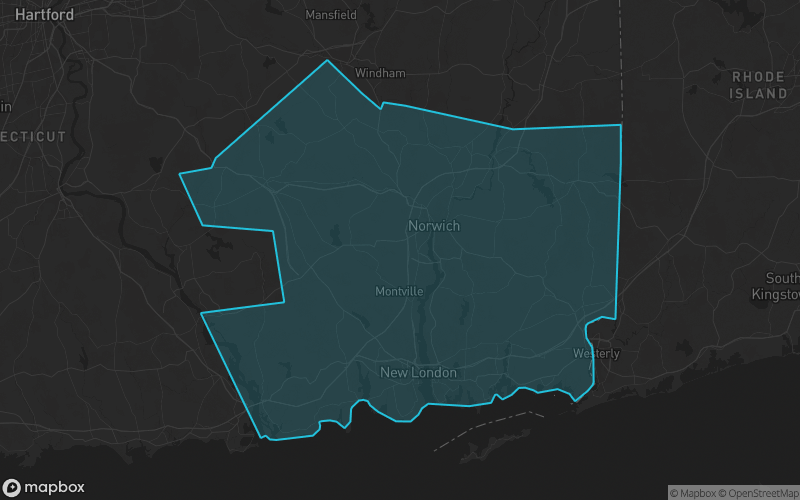Map of New London County, Connecticut showing the county boundary and surrounding cities
