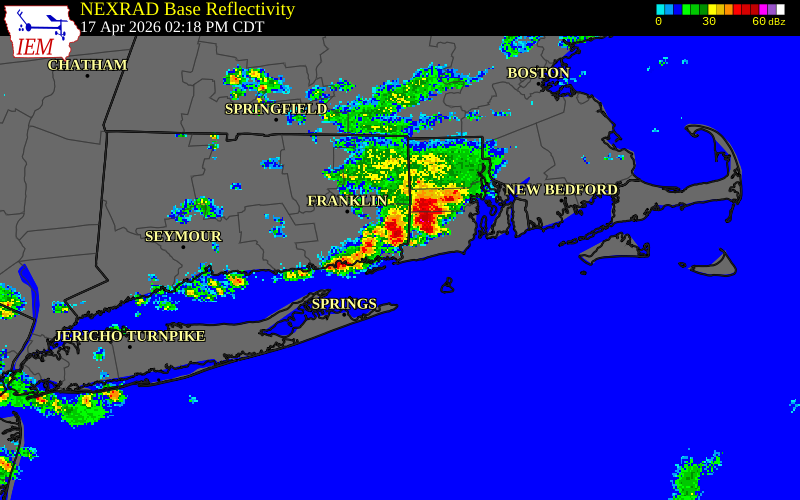 NEXRAD radar during the Friday, April 17, 2026 storm activity in New London County, Connecticut