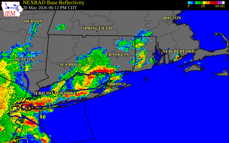 NEXRAD radar during the Wednesday, May 20, 2026 storm activity in New London County, Connecticut