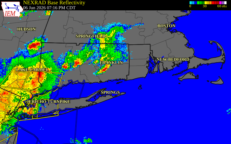 NEXRAD radar during the Saturday, June 6, 2026 storm activity in New London County, Connecticut