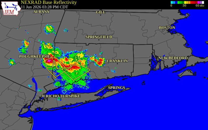 NEXRAD radar during the Thursday, June 11, 2026 storm activity in New London County, Connecticut