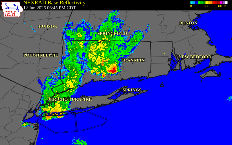 NEXRAD radar during the Friday, June 12, 2026 storm activity in New London County, Connecticut