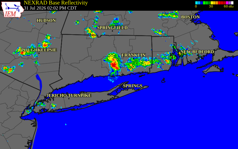 NEXRAD radar during the Friday, July 31, 2026 storm activity in New London County, Connecticut