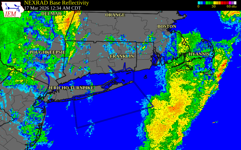 Radar snapshot during the Mar 17, 2026 wind event near New London County, New London County, Connecticut, with NWS warning polygons