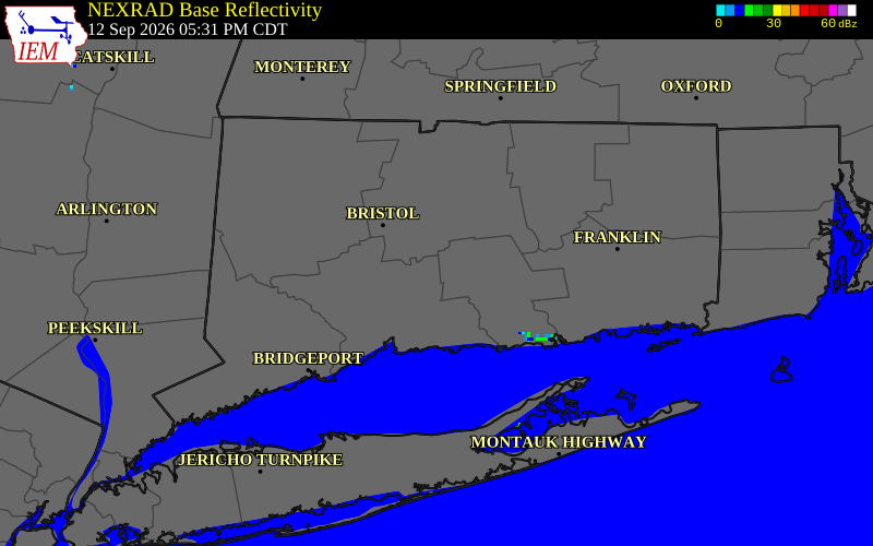 Current NEXRAD radar across Connecticut with recent storm report locations