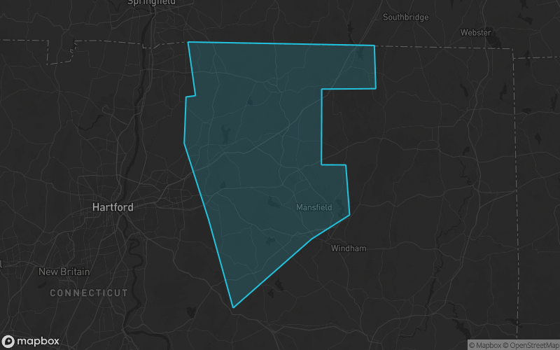 Map of Tolland County, Connecticut showing the county boundary and surrounding cities