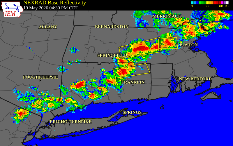 NEXRAD radar during the Tuesday, May 19, 2026 storm activity in Tolland County, Connecticut