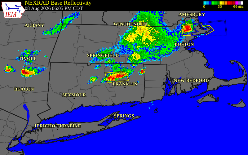 NEXRAD radar during the Saturday, August 8, 2026 storm activity in Tolland County, Connecticut