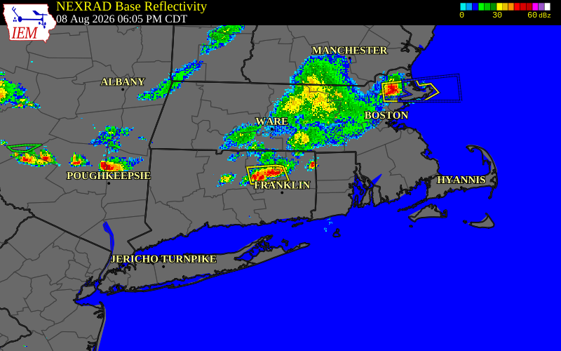 Radar snapshot during the Aug 8, 2026 wind event near 3 NNE Willimantic AP, Tolland County, Connecticut, with NWS warning polygons