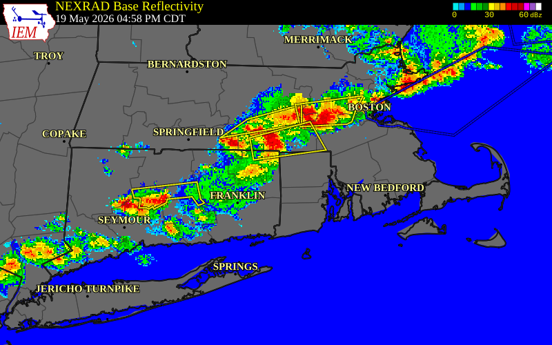 NEXRAD radar during the Tuesday, May 19, 2026 storm activity in Windham County, Connecticut