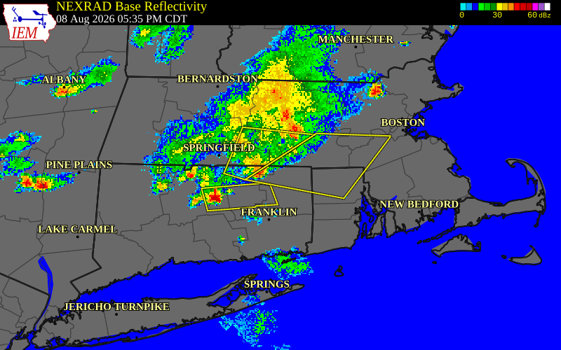 NEXRAD radar during the Saturday, August 8, 2026 storm activity in Windham County, Connecticut